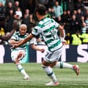 Daizen Maeda scores Celtic's third goal in the win over Livingston. (Photo by Ross MacDonald / SNS Group)