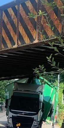 Lorry stuck under rail bridge at Milngavie