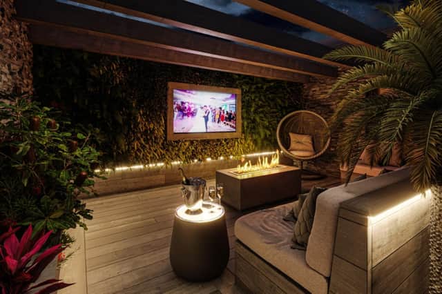 How the garden seating area and fire pit will look at the Redhurst bungalow