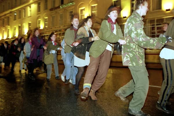 A conga line in 1990.