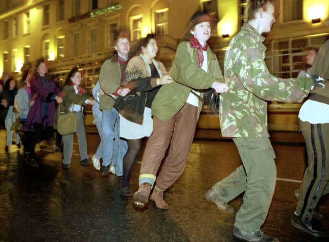 A conga line in 1990.