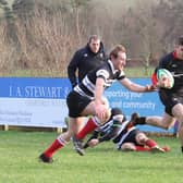 Rowan Stewart on his way to scoring Biggar's first try against Kelso (Pic by Nigel Pacey)