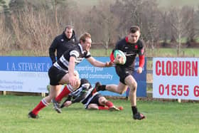 Rowan Stewart on his way to scoring Biggar's first try against Kelso (Pic by Nigel Pacey)