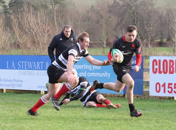 Rowan Stewart on his way to scoring Biggar's first try against Kelso (Pic by Nigel Pacey)