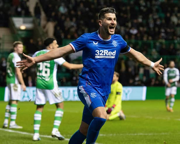 Antonio Colak celebrates putting Rangers 2-1 up in their victory over Hibs on Wednesday evening. Picture: SNS
