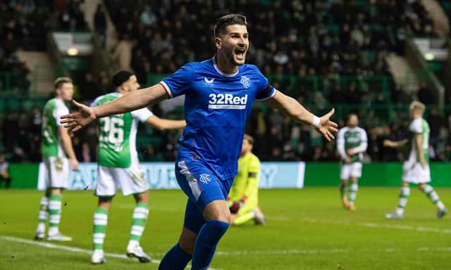 Antonio Colak celebrates putting Rangers 2-1 up in their victory over Hibs on Wednesday evening. Picture: SNS
