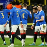 The Rangers players celebrate after captain James Tavernier had opened the scoring in their 4-2 win over Borussia Dortmund in the first leg of their Europa League knockout round play-off tie in Germany last week. (Photo by Martin Rose/Getty Images)