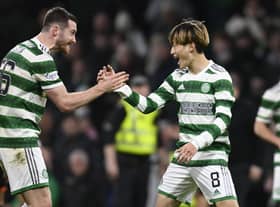 Celtic's Anthony Ralston (left) and Kyogo Furuhashi celebrate after the 4-2 win over Dundee United. (Photo by Rob Casey / SNS Group)