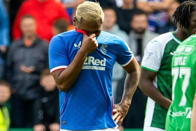Rangers Alfredo Morelos buries his face in his shirt after being red carded iagainst Hibs on Saturday and will be no cause of distractions ahead of his club's monumental Champions League play-off decider as a result of manger Giovanni van Bronkchorst wisely omitting him from his squad for the tie. (Photo by Ross Parker / SNS Group)