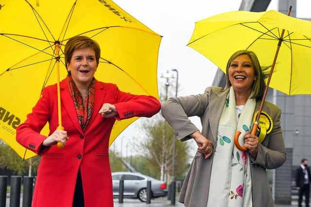 Scotland's First Minister Nicola Sturgeon (L) congratulates SNP candidate Kaukab Stewart after she was elected MSP for Glasgow Kelvin. Picture: Andy Buchanan/AFP via Getty Images