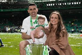Former Celtic midfielder Tom Rogic, pictured with his wife and daughter after his final match at Celtic Park on May 14 last year, has retired from football to focus on his family.  (Photo by Craig Williamson / SNS Group)