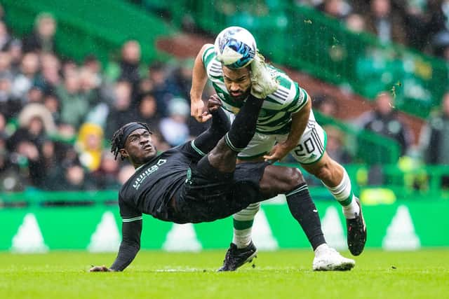 Hibs' Elie Youan picked up a second yellow card for this challenge on Celtic's Cameron Carter-Vickers.