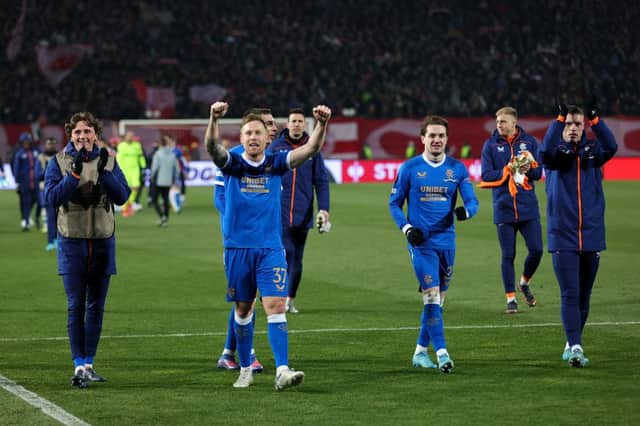 Scott Arfield of Rangers celebrates after progressing through the UEFA Europa League Round of 16 Leg Two match between Crvena Zvezda and Rangers FC at Rajko Mitic Stadium on March 17, 2022 in Belgrade, Serbia. (Photo by Srdjan Stevanovic/Getty Images)