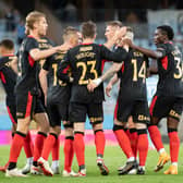 Rangers players celebrate Steven Davis' injury-time goal against Malmo in Sweden. (Photo by Christoffer Borg Mattisson / SNS Group)