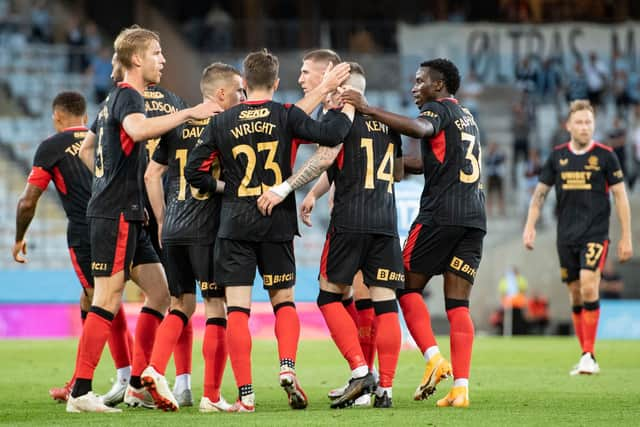 Rangers players celebrate Steven Davis' injury-time goal against Malmo in Sweden. (Photo by Christoffer Borg Mattisson / SNS Group)