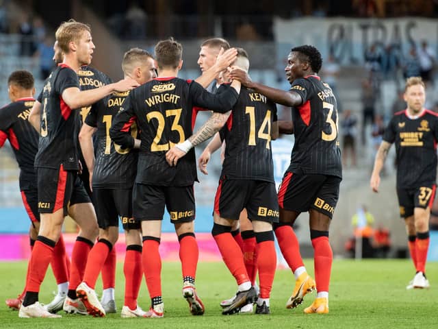 Rangers players celebrate Steven Davis' injury-time goal against Malmo in Sweden. (Photo by Christoffer Borg Mattisson / SNS Group)