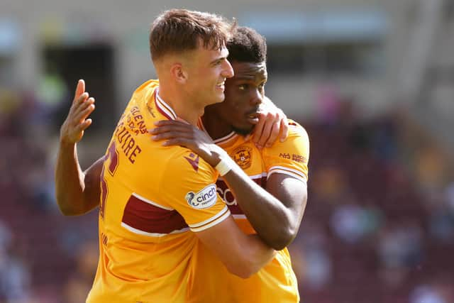 Justin Amaluzor being congratulated on scoring after making his first Motherwell start (All photos: Ian McFadyen)