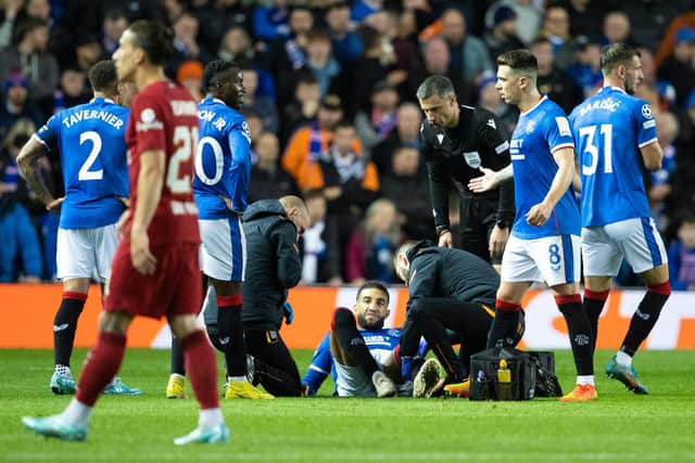 Rangers' Connor Goldson picked up a serious injury against Liverpool.
