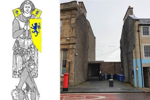 Wallace in the armour worn in his day; the gap site in Lanark now being developed.