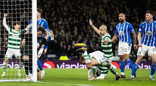 Daizen Maeda opens the scoring for Celtic at Hampden. (Photo by Alan Harvey / SNS Group)