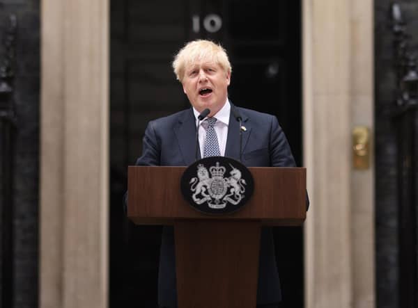 Boris Johnson addresses the nation as he announces his resignation outside 10 Downing Street.  (Photo by Dan Kitwood/Getty Images)