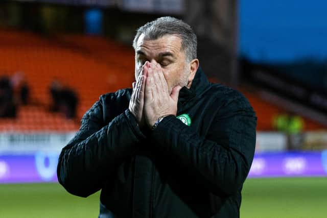 An emotional Ange Postecoglou after full-time as Celtic clinch the Premiership title with a 1-1 draw at Dundee United. (Photo by Craig Williamson / SNS Group)