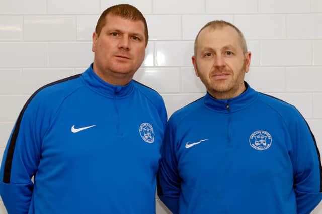Mark Weir (left) and Carluke Rovers assistant boss Kenny Neill are trying to boost the squad for next season (Pic by Kevin Ramage)