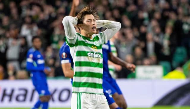 Celtic’s Kyogo Furuhashi  during a UEFA Europa League group stage match between Celtic and Bayer Leverkusen at Celtic Park, on September 30, 2021, in Glasgow, Scotland. (Photo by Ross MacDonald / SNS Group)