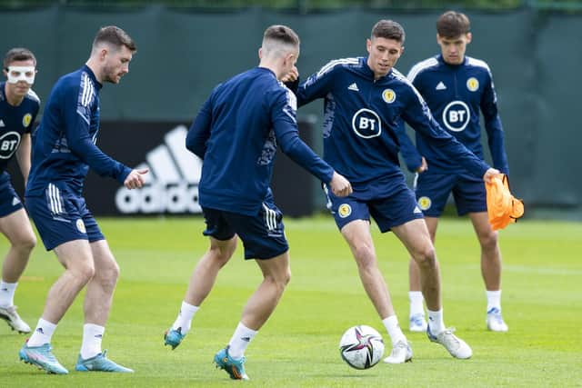 Ross Stewart, right, during a Scotland training session at the Oriam.
