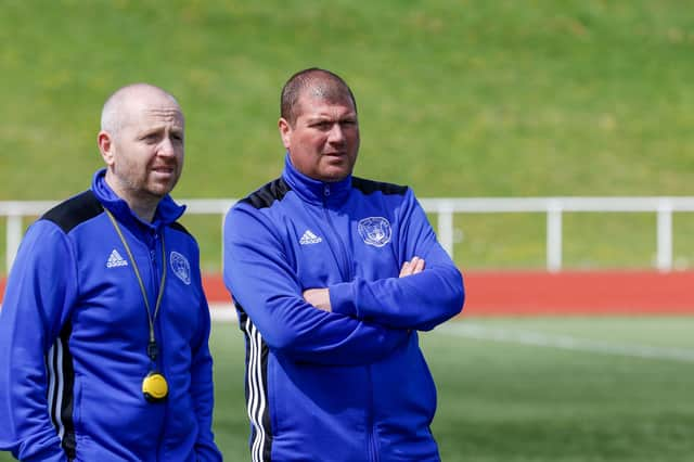 Mark Weir (right) pictured with assistant Kenny Neill, was fuming with the first goal his side conceded (Library pic by Kevin Ramage)