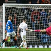 Livingston goalkeeper Max Stryjek is beaten in the 75th minute at Ibrox by a strike from Rangers substitute Scott Arfield (not in picture). (Photo by Alan Harvey / SNS Group)