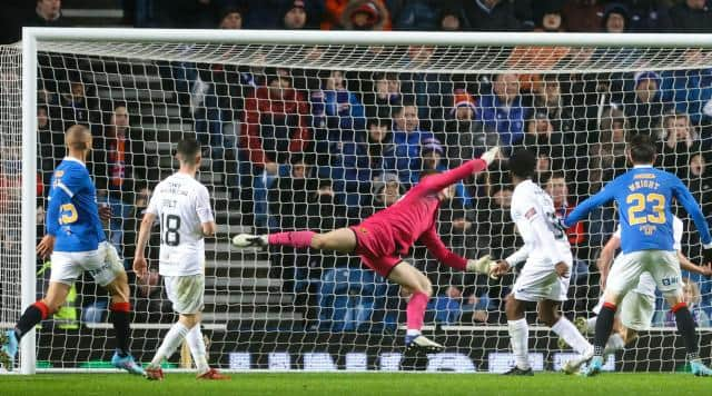 Livingston goalkeeper Max Stryjek is beaten in the 75th minute at Ibrox by a strike from Rangers substitute Scott Arfield (not in picture). (Photo by Alan Harvey / SNS Group)