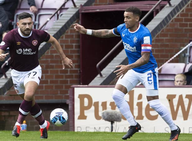 <p>Hearts' Robert Snodgrass and Rangers' James Tavernier compete during the clubs' Premiership clash at Tynecastle. Photo by Alan Harvey / SNS Group</p>