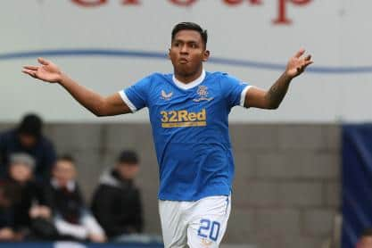 EDINBURGH, SCOTLAND - DECEMBER 12: Rangers Alfredo Morelos celebrates after making it 1-0 during a Cinch Premiership match between Heart of Midlothian and Rangers at Tynecastle Park, on December 11, 2021, in Edinburgh, Scotland. (Photo by Craig Williamson / SNS Group)