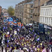 Climate change protesters leave Kelvingrove Park for Glasgow City Centre. PIC: Lisa Ferguson.