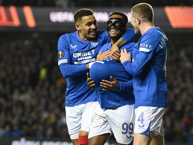 Rangers' Danilo celebrates with James Tavernier and John Lundstram after making it 1-0 over Sparta Prague. (Photo by Rob Casey / SNS Group)