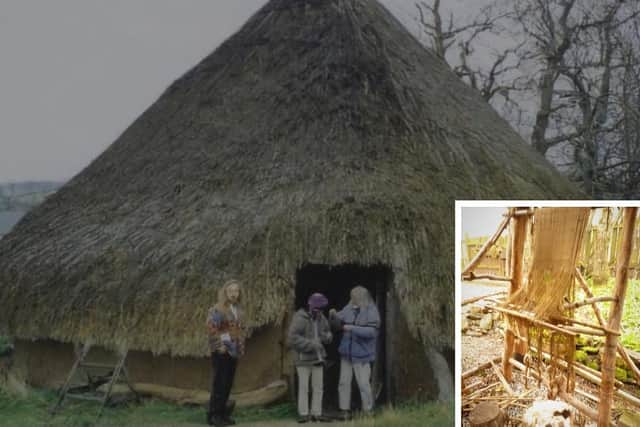 The main picture is a reconstruction of the type of hut that might have been at Hyndford. Inset: The loom shows nettles being woven.