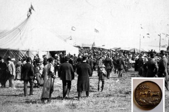 Biggar Agricultural Show has always been a big deal, this one being captured around 1890. Inset: Silver medal awarded to D Wilson of Carluke in 1864.