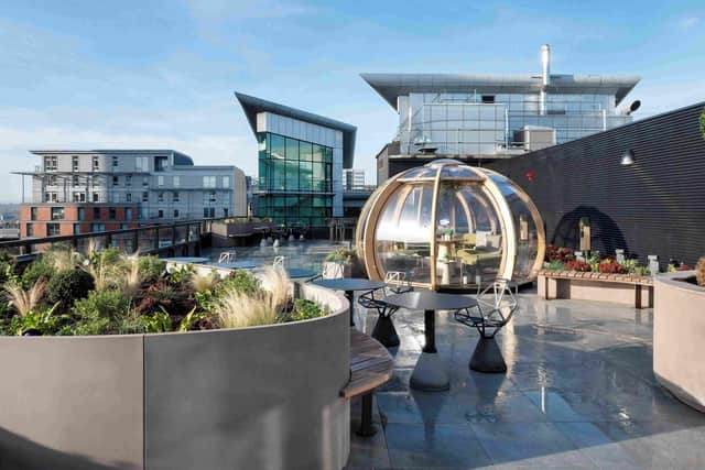 A view of the roof terrace area at the refurbished Five Cadogan office development in Glasgow city centre.