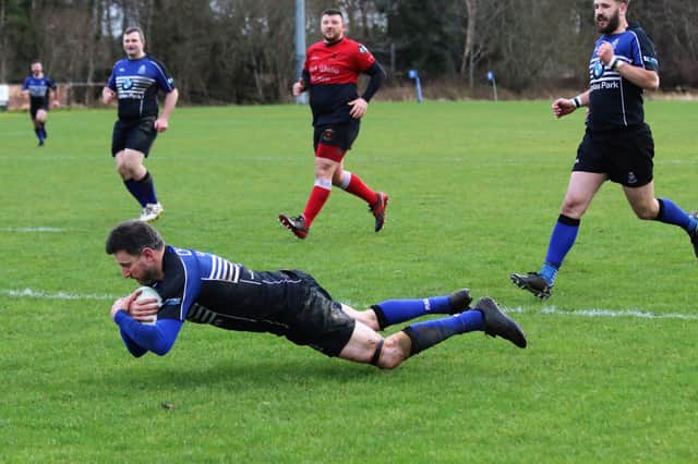 Graham Calder is pictured scoring a try against Clydebank earlier this season (Pic Elaine Neilson)