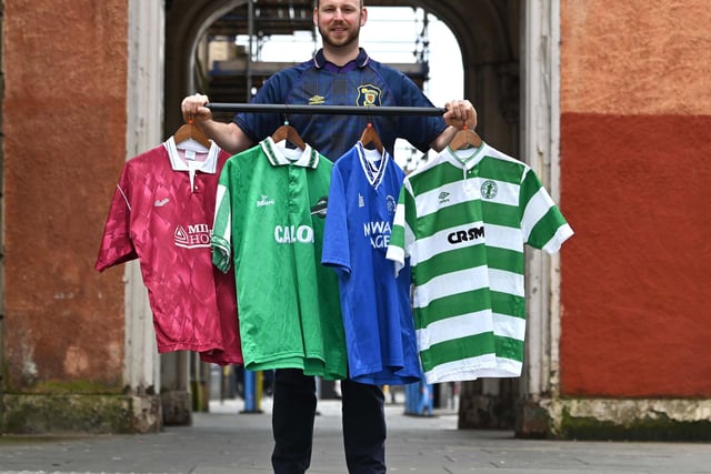 Ciaran Gold, head of retail at Classic Football Shirts holds 4 classic shirts from clubs (Heart, Hibs, Celtic and Rangers) that will compete in this years Scottish Cup semi final.
The world’s biggest football shirt collection returns to Scotland