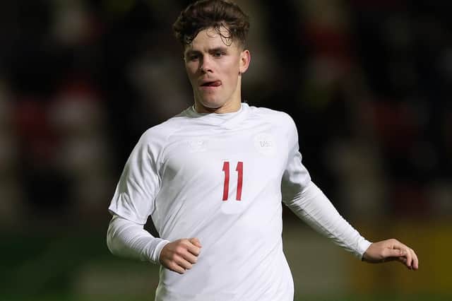 Reported Celtic target Mathias Kvistgaarden in action for Denmark during a UEFA U21 Euro 2025 qualifier