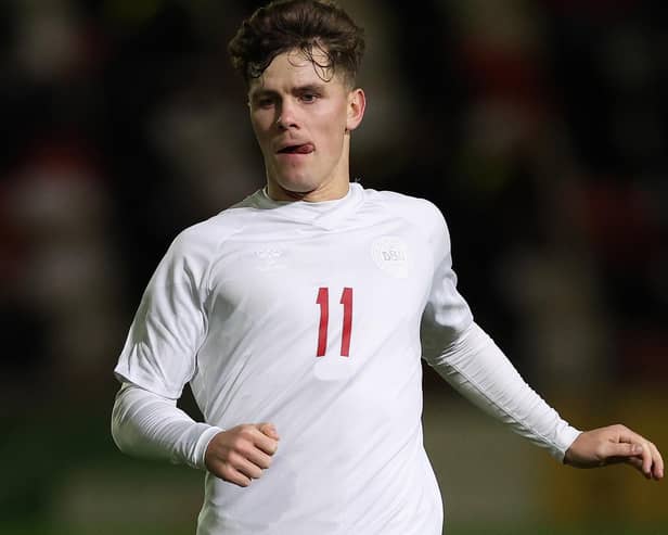 Reported Celtic target Mathias Kvistgaarden in action for Denmark during a UEFA U21 Euro 2025 qualifier