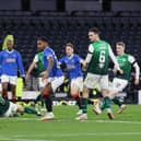 Scott Arfield pulls a goal back for Rangers in the Premier Sports Cup semi-final against Hibs at Hampden. (Photo by Alan Harvey / SNS Group)