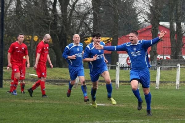 Neil Schoneville celebrating scoring for Lesmahagow last season