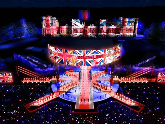 A BBC handout CGI of a representation of the staging for the forthcoming Coronation Concert which will be broadcast live from the grounds of Windsor Castle on BBC One, BBC iPlayer, BBC Radio 2 and BBC Sounds on Sunday May 7 from 8pm.