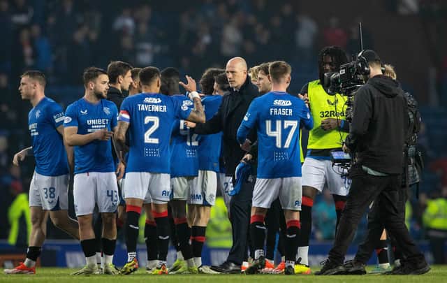 Philippe Clement congratulates his Rangers players after the 5-2 win over Dundee.