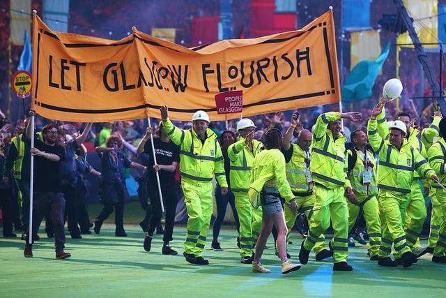 The City Workers enter the stadium during the Closing Ceremony for the Glasgow 2014 Commonwealth Games at Hampden Park.
