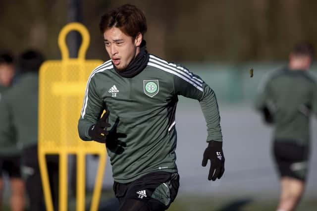 Celtic defender Yuki Kobayashi trains ahead of the St Mirren match as he closes in on his first appearance for the club. (Photo by Craig Williamson / SNS Group)