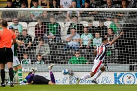 Keanu Baccus celebrates putting St Mirren ahead against Hibs  (Photo by Craig Williamson / SNS Group)